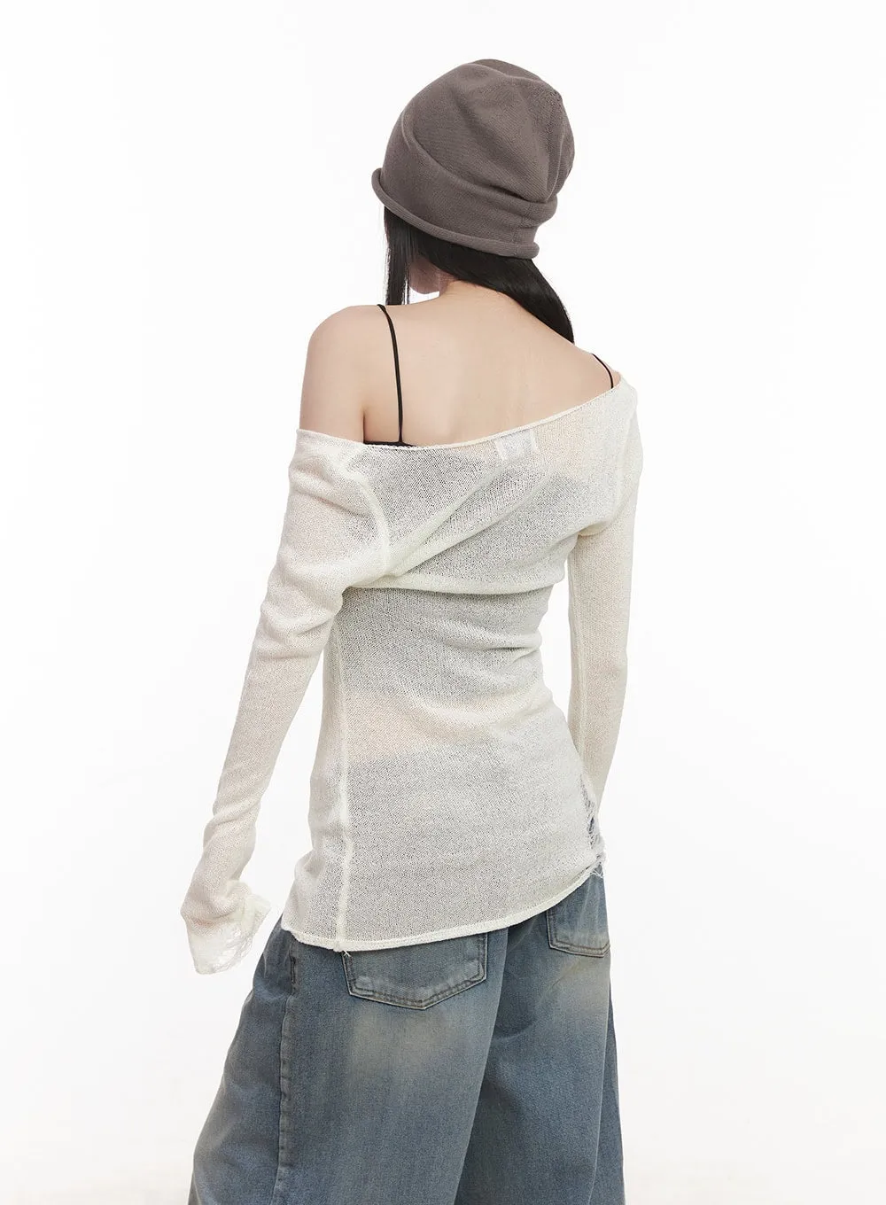 Sheer Off-Shoulder Destroyed Knit Top CM518