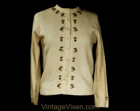 Size 10 Cashmere Cardigan with Cherry Embroidery - 1950s Cherries Fruit Button Front Beige Sweater - 50s Angora Luxury Knit Jumper - Bust 36