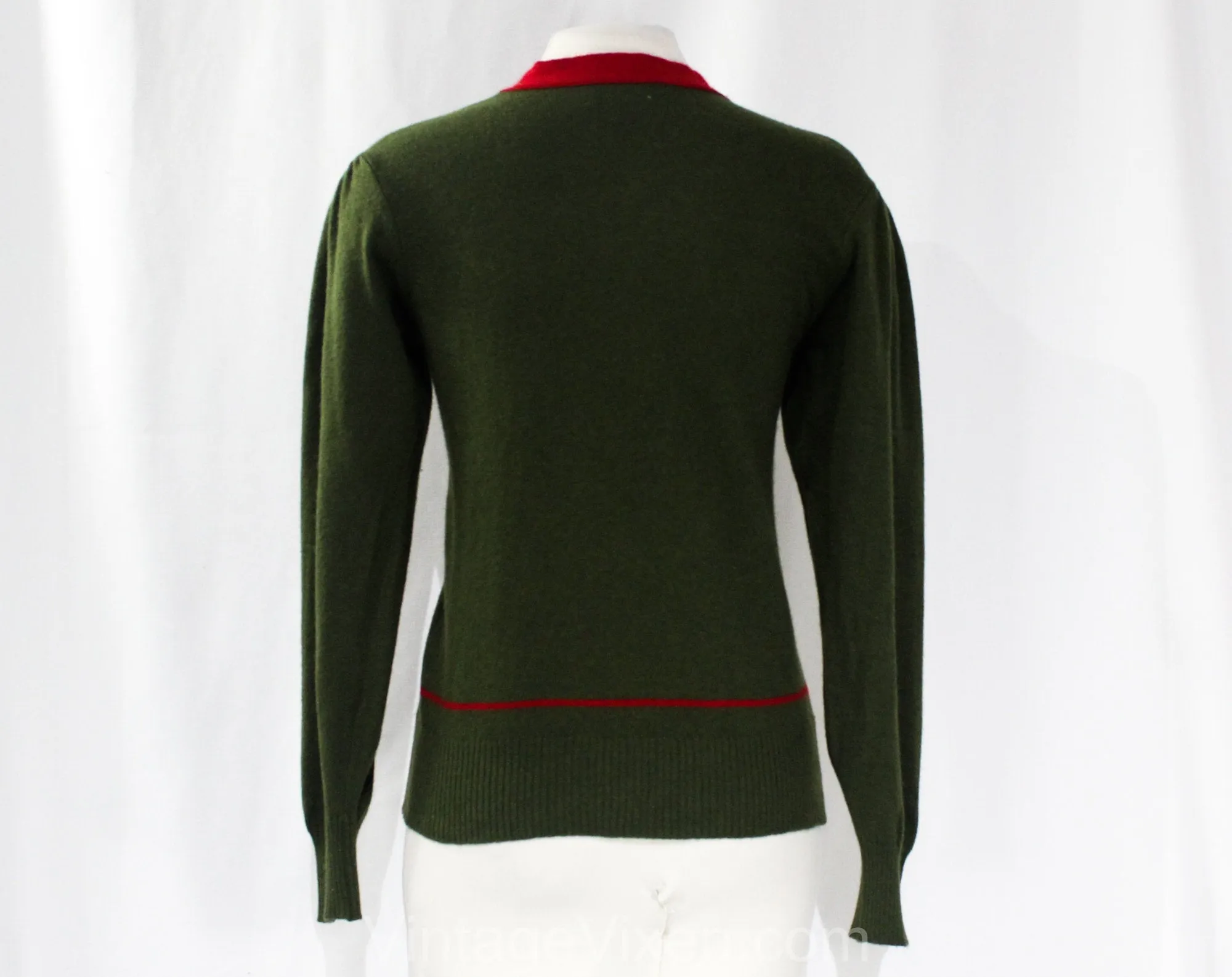 Size 6 Gucci Sweater - 1920s Inspired Flapper Style Designer Knit Top - Winter Spring - Small Sage Green & Cranberry Red Scottish Cashmere