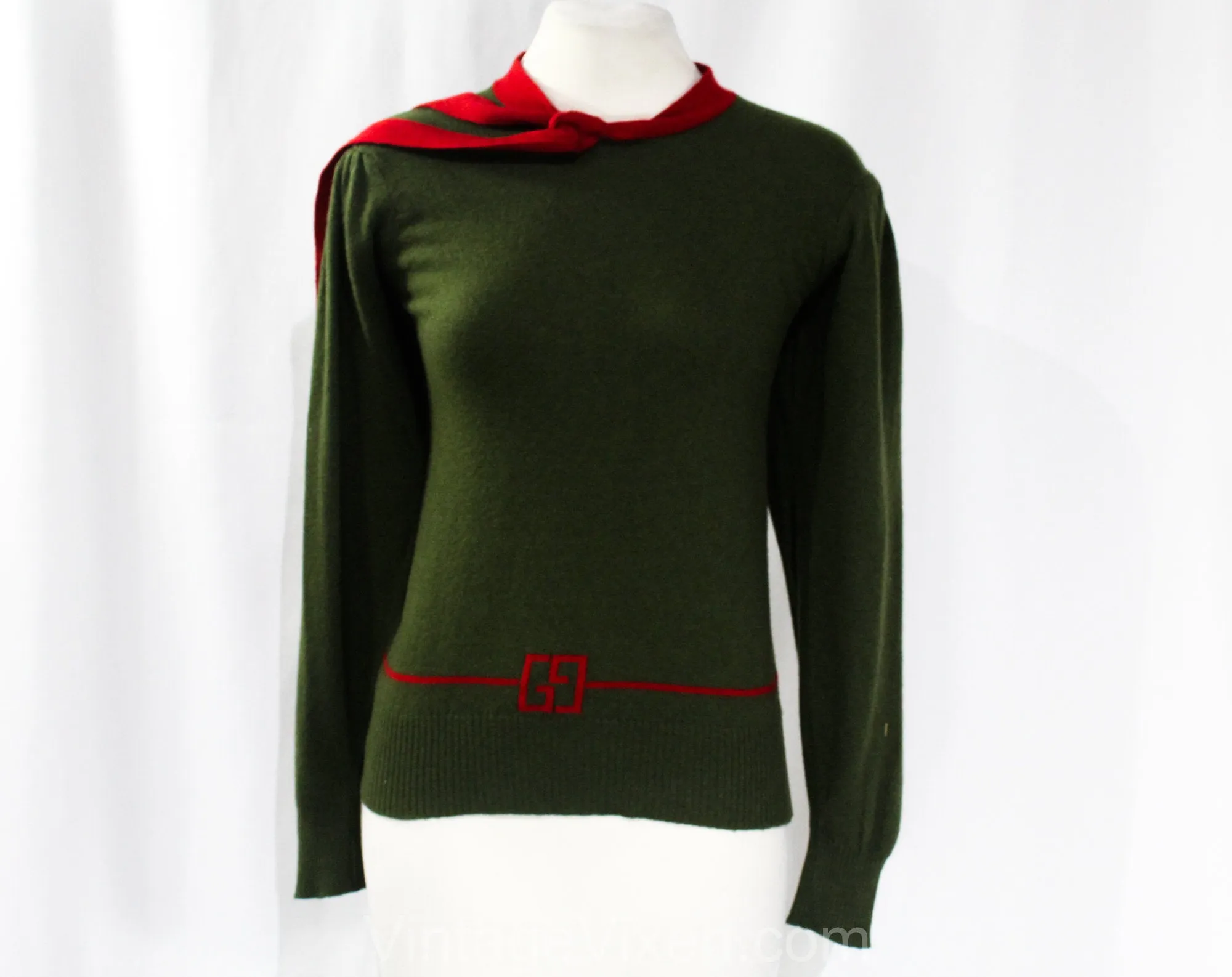 Size 6 Gucci Sweater - 1920s Inspired Flapper Style Designer Knit Top - Winter Spring - Small Sage Green & Cranberry Red Scottish Cashmere