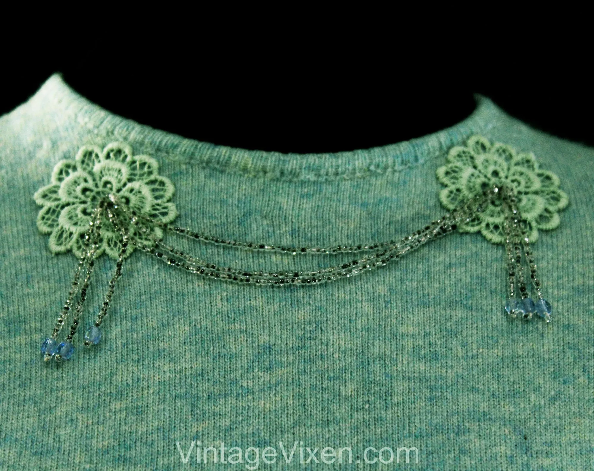 Size 8 Cashmere Sweater - Heathered Aqua Blue Luxury Knit with Beaded Swag Daisy Appliques - Sweet Glamour - 1960s Pullover Jumper - Bust 35