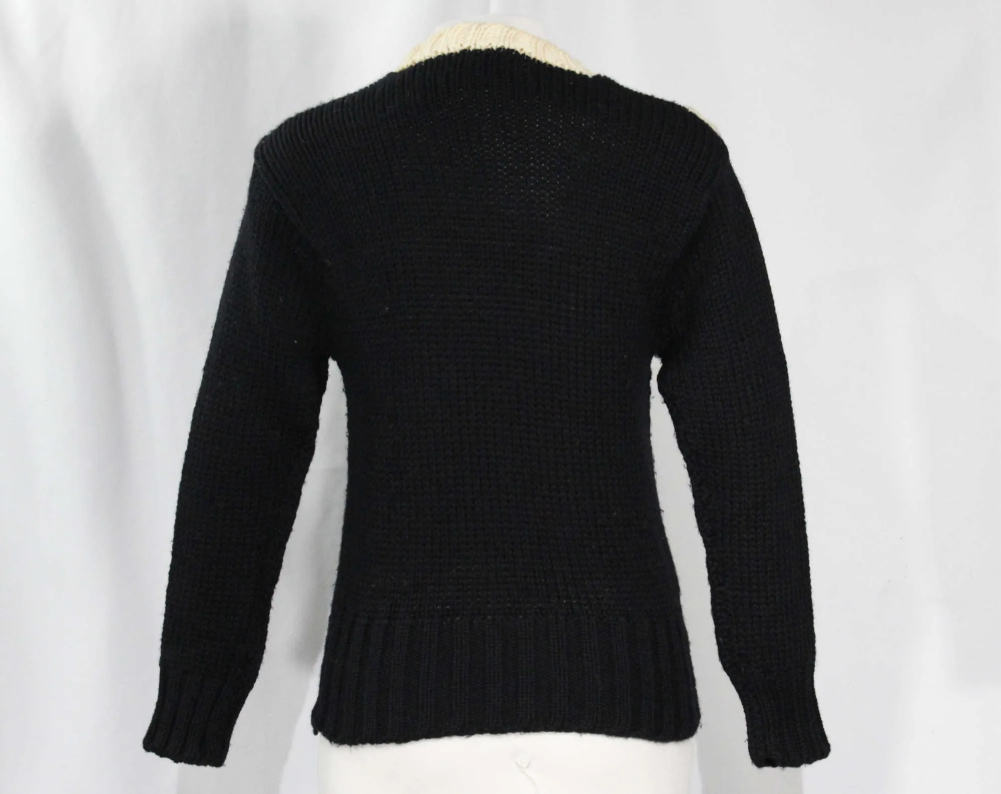 Size Small 1940s Nautical Sweater - WWII Era Black Knit 40s Pullover with Red Anchor Motif - Sailor Style V Cabling - Long Sleeve Winter