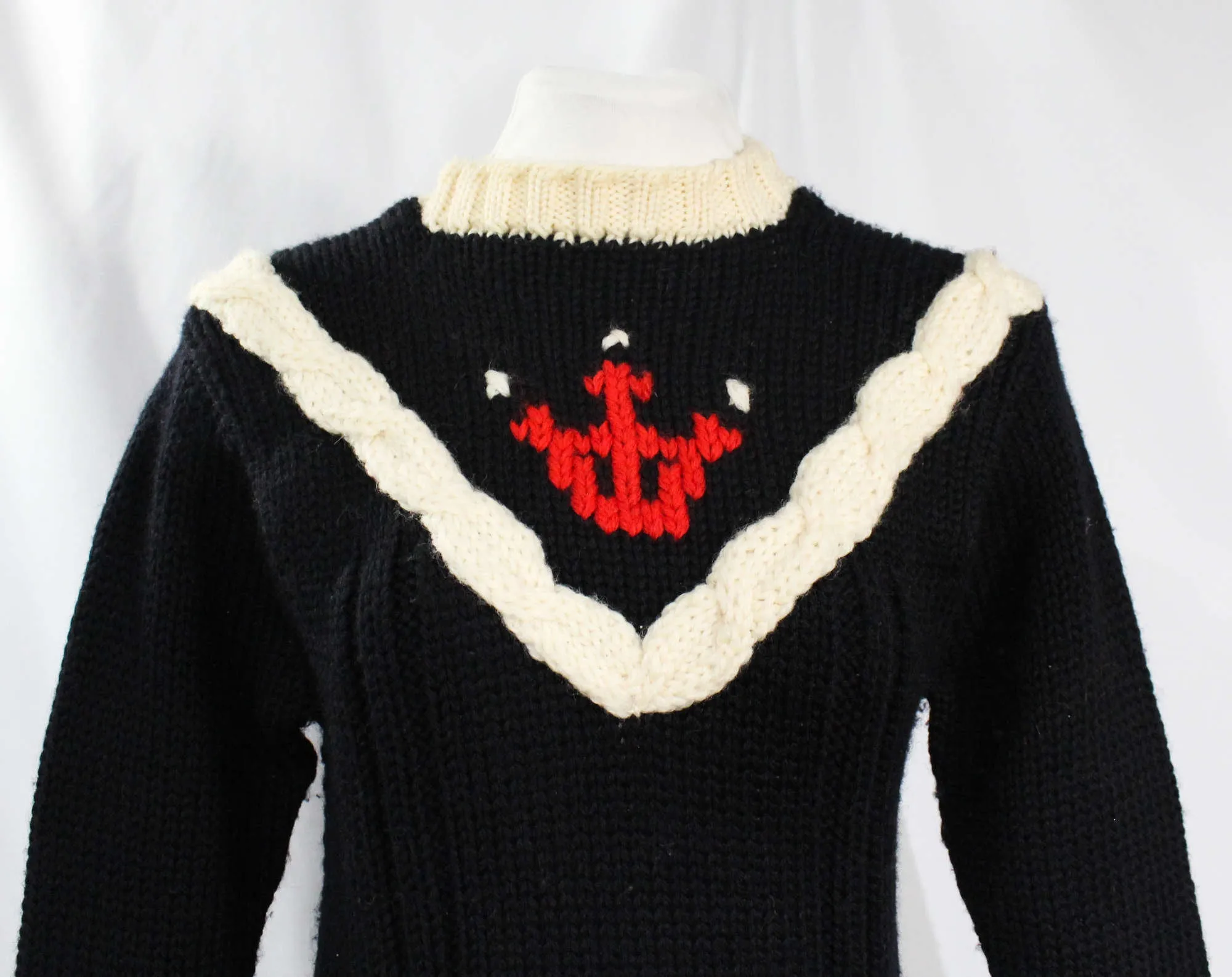 Size Small 1940s Nautical Sweater - WWII Era Black Knit 40s Pullover with Red Anchor Motif - Sailor Style V Cabling - Long Sleeve Winter