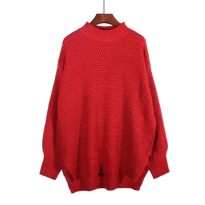 Tucked hand side split knit sweater in red