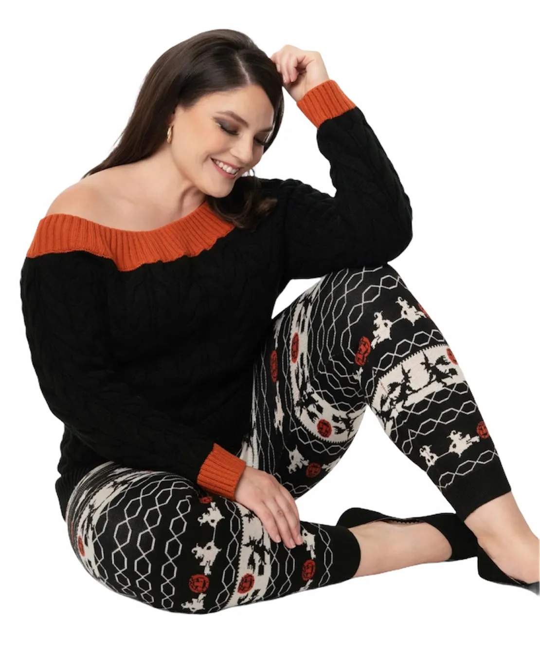 Unique Vintage Black & Burnt Orange Off Shoulder Allen Sweater