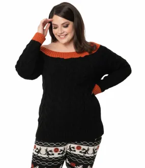 Unique Vintage Black & Burnt Orange Off Shoulder Allen Sweater
