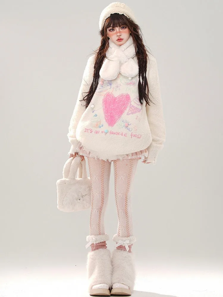 White Heart Pompom Details Round Neck Soft Sweater