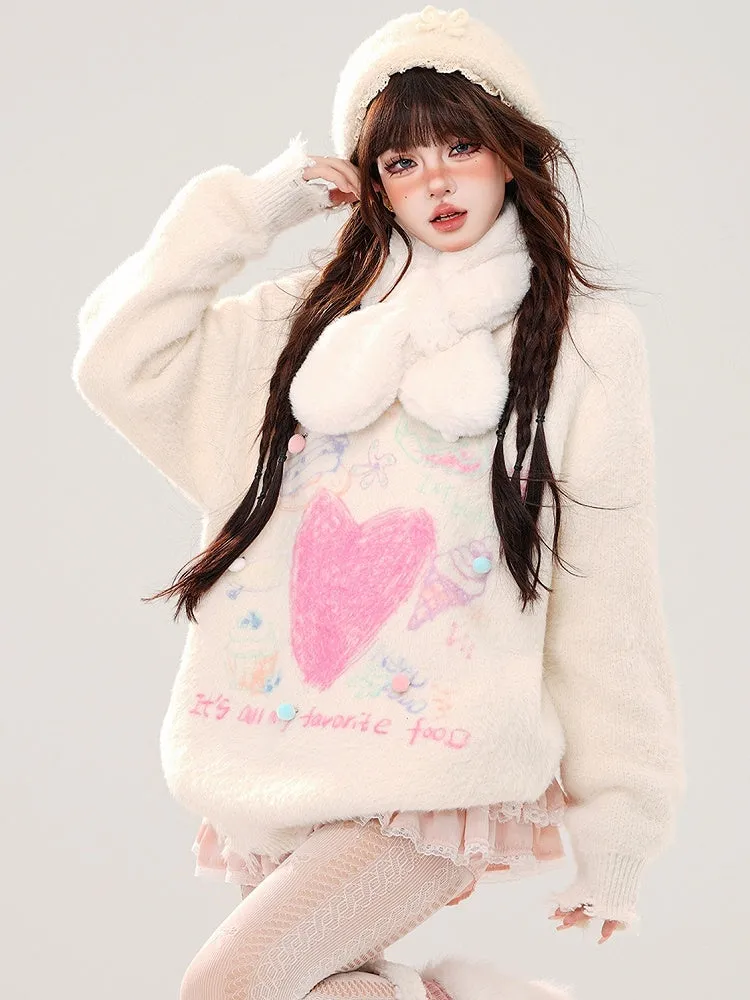 White Heart Pompom Details Round Neck Soft Sweater