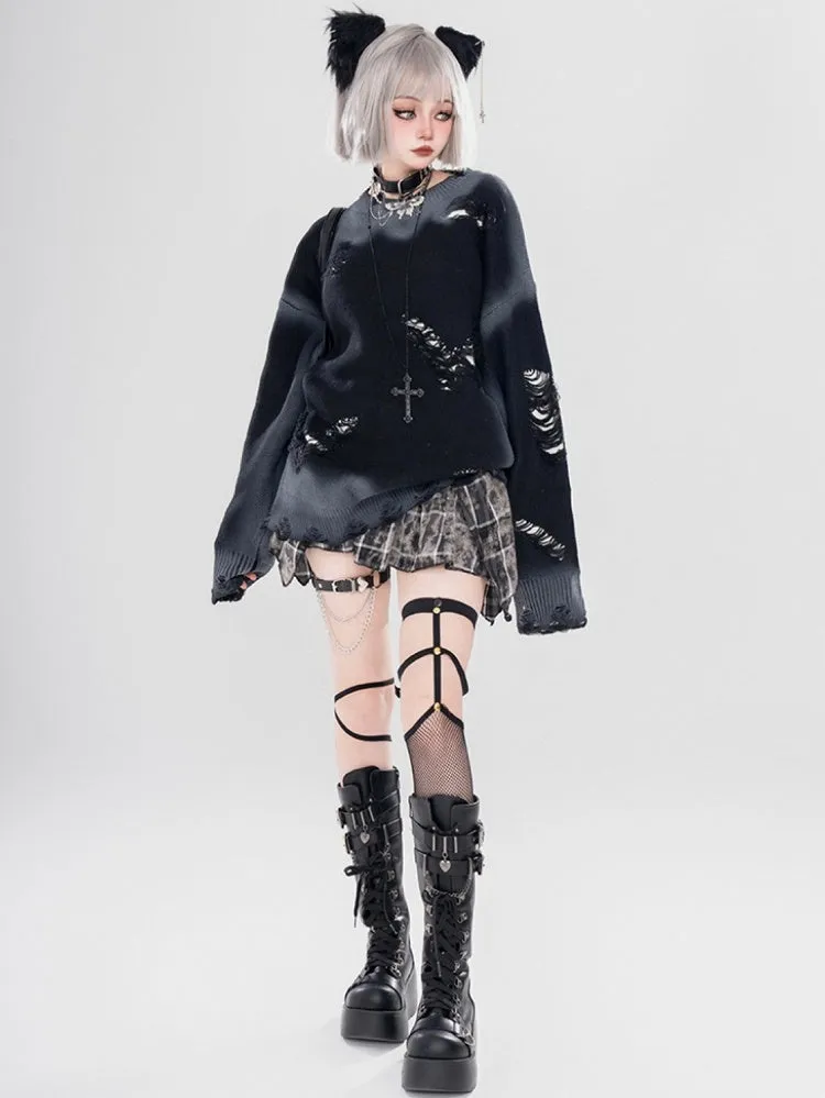 Y2K Black/Grey Butterfly Shaped Distressed Holes Round Neck Sweater