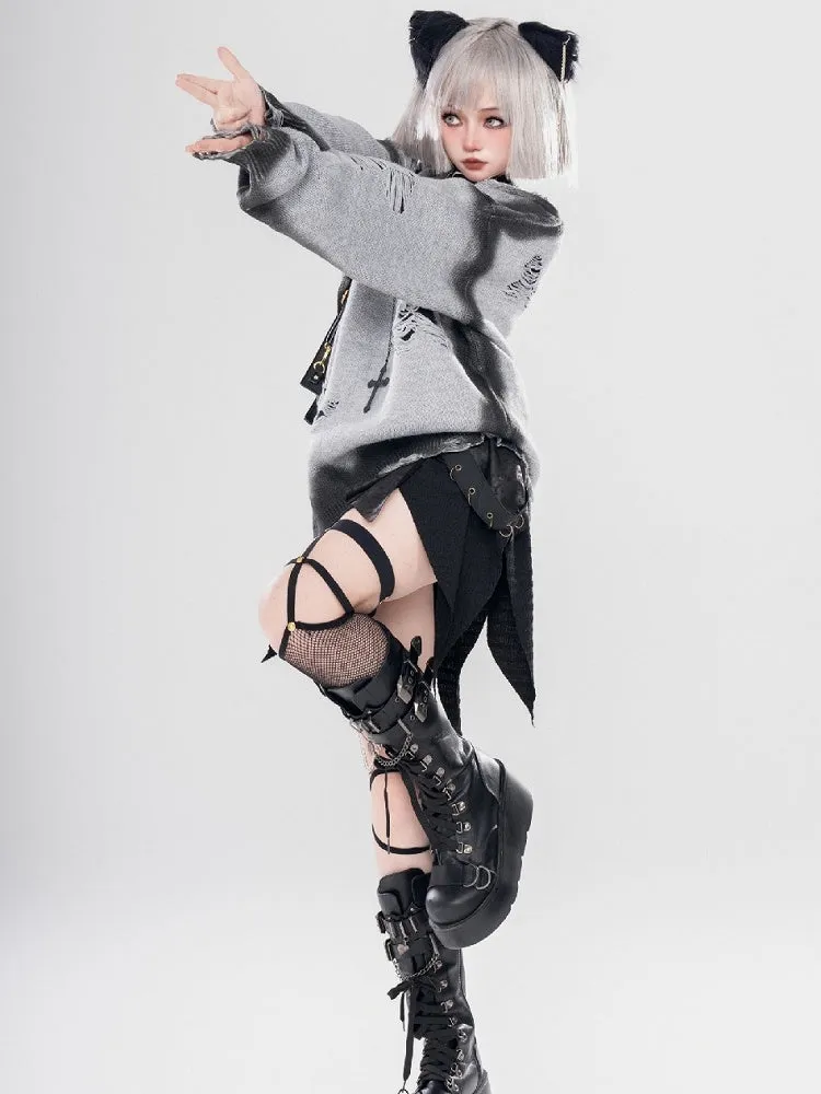 Y2K Black/Grey Butterfly Shaped Distressed Holes Round Neck Sweater