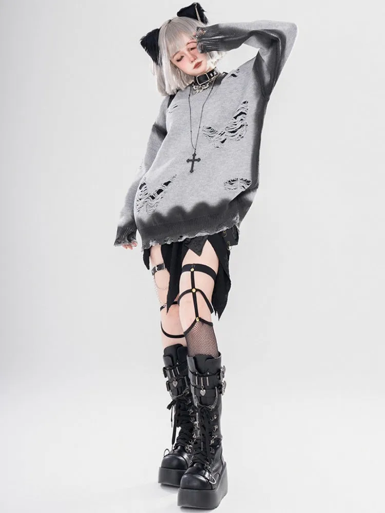 Y2K Black/Grey Butterfly Shaped Distressed Holes Round Neck Sweater