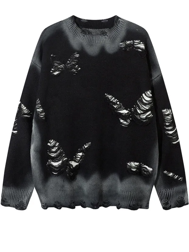 Y2K Black/Grey Butterfly Shaped Distressed Holes Round Neck Sweater