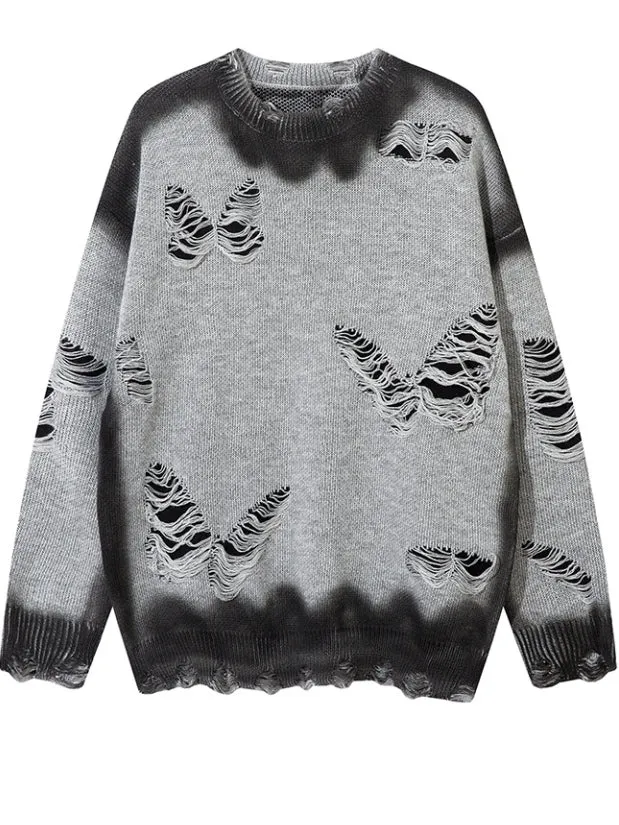 Y2K Black/Grey Butterfly Shaped Distressed Holes Round Neck Sweater