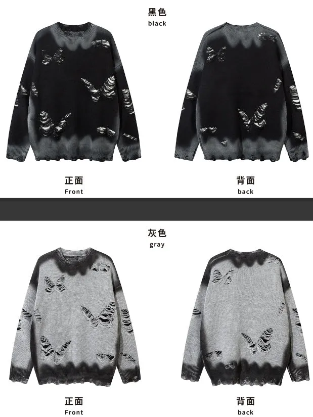 Y2K Black/Grey Butterfly Shaped Distressed Holes Round Neck Sweater