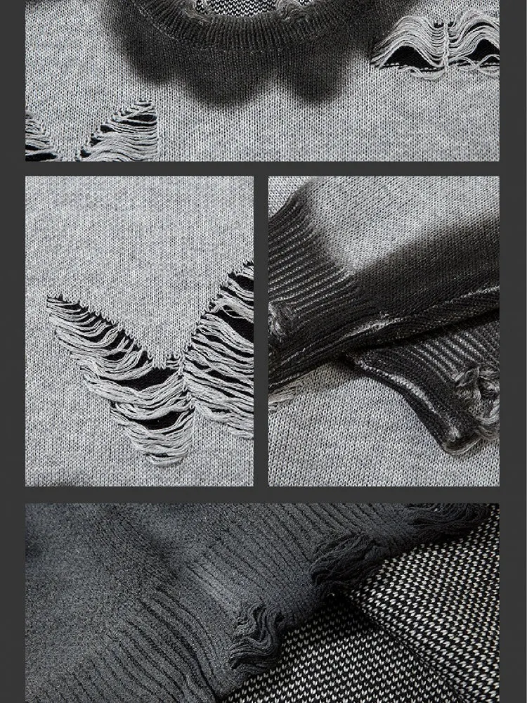 Y2K Black/Grey Butterfly Shaped Distressed Holes Round Neck Sweater