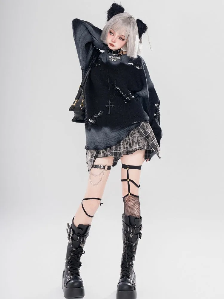Y2K Black/Grey Butterfly Shaped Distressed Holes Round Neck Sweater