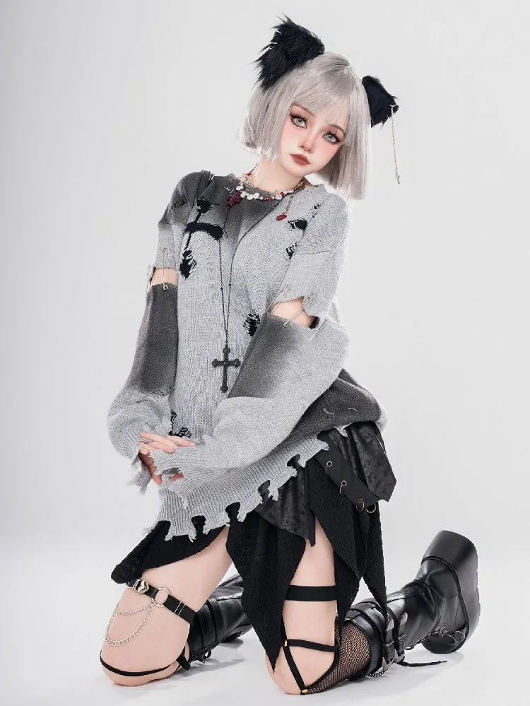 Y2K Black/Grey Cross Shaped Distressed Holes Round Neck Sweater