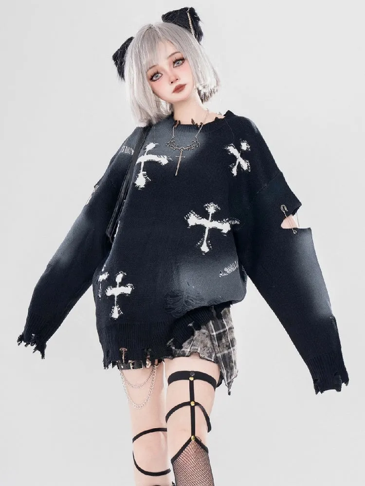 Y2K Black/Grey Cross Shaped Distressed Holes Round Neck Sweater
