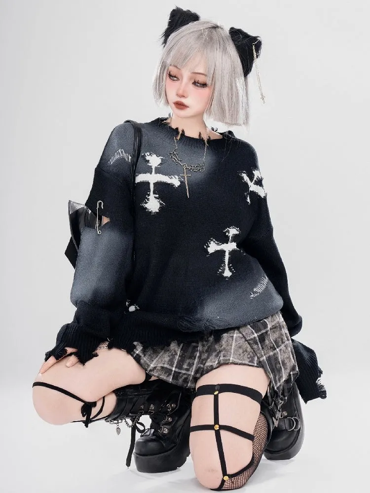 Y2K Black/Grey Cross Shaped Distressed Holes Round Neck Sweater