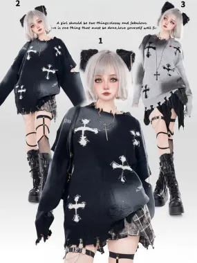 Y2K Black/Grey Cross Shaped Distressed Holes Round Neck Sweater