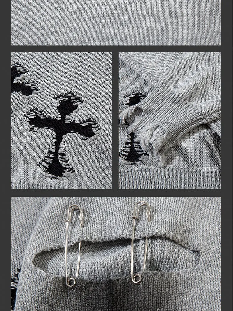 Y2K Black/Grey Cross Shaped Distressed Holes Round Neck Sweater